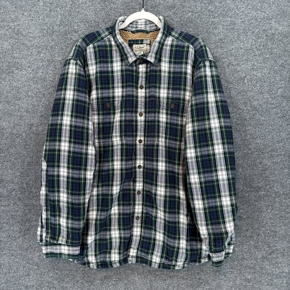 L.L Bean Sherpa Lined Flannel Shirt Mens XL Green Plaid Snap Front Shacket